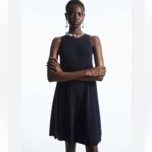 COS Pleated A-Line Mini Dress Small Navy Blue